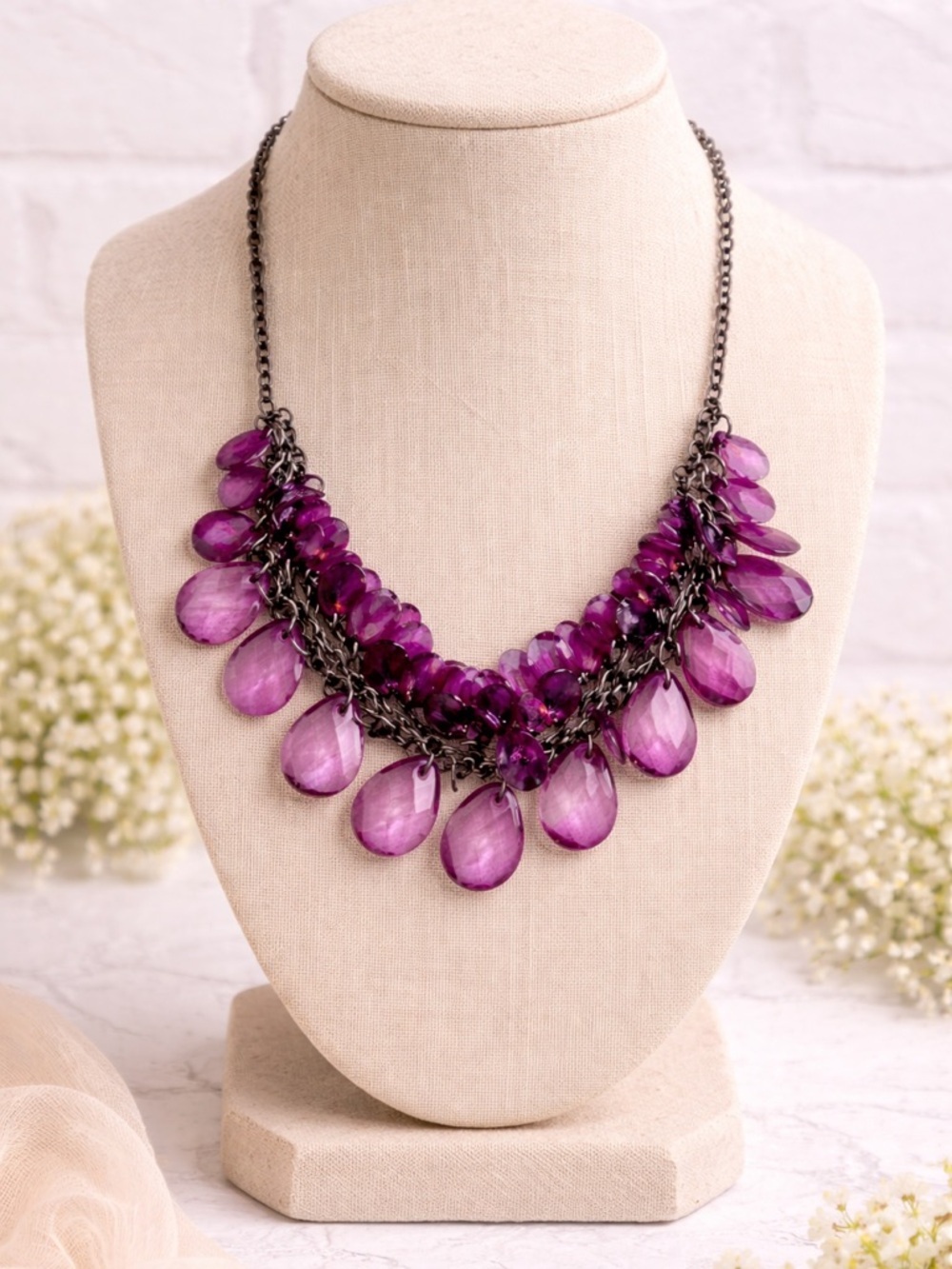 Purple Teardrop Bib Statement Necklace Faceted Gunmetal Chain